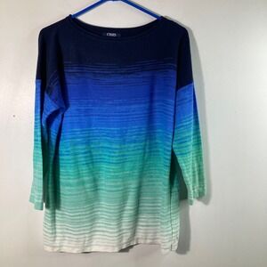 Womens‎ Chaps Ombre Linen Cotton Sweater Green Blue White XL 3/4 Sleeve